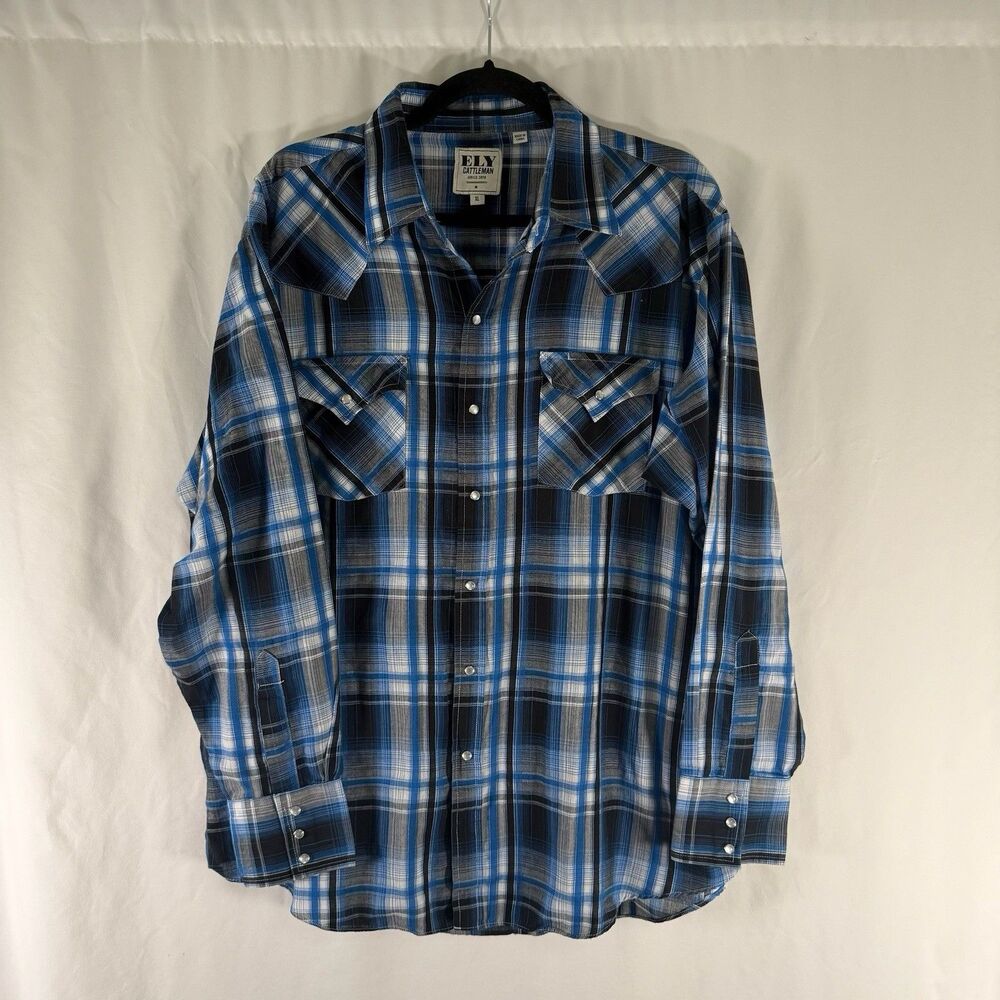 Ely Cattleman Pearl Snap Men's XL Blue Plaid Long Sleeve Cotton Lightweight